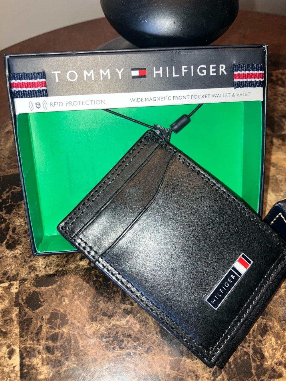 Tommy Hilfiger Black Leather RFID Wallet with Signature Flag Accent